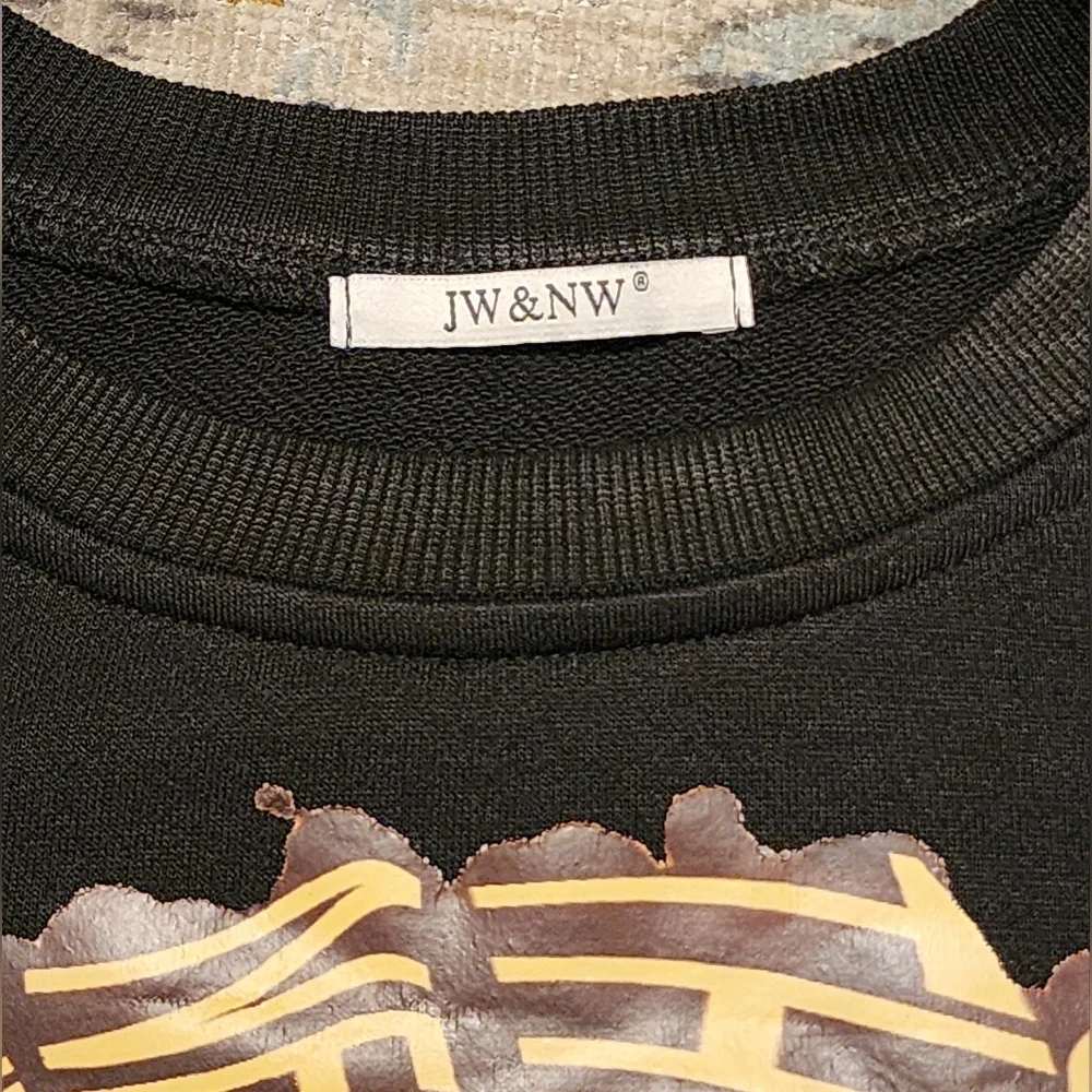 JW&NW Black Graphic Crop Top with Denim Sleeves Upcycle OOAK, Size Large - Picture 9 of 9